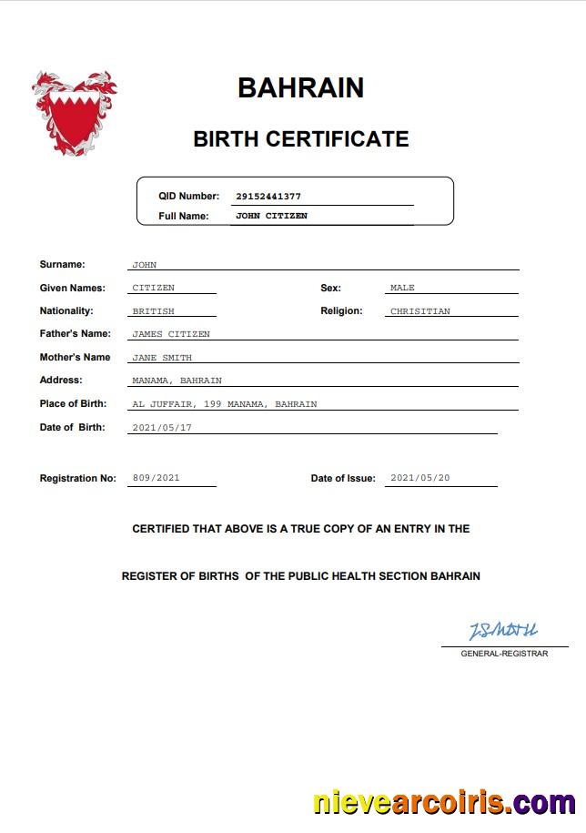 Bahrain vital record birth certificate